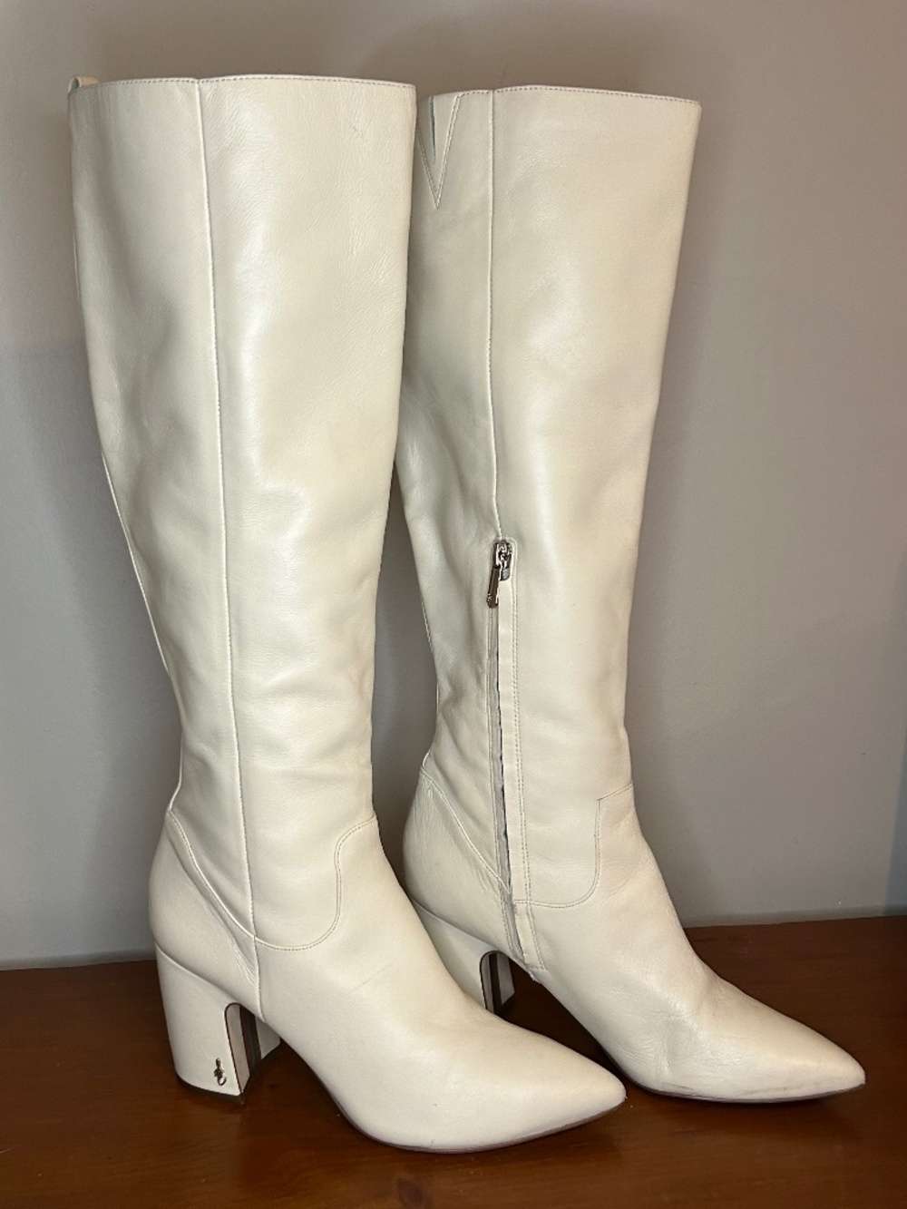 Sam Edelman Hai Ivory Leather Pointed Toe Block Heel Knee High Boots Sz 8.5